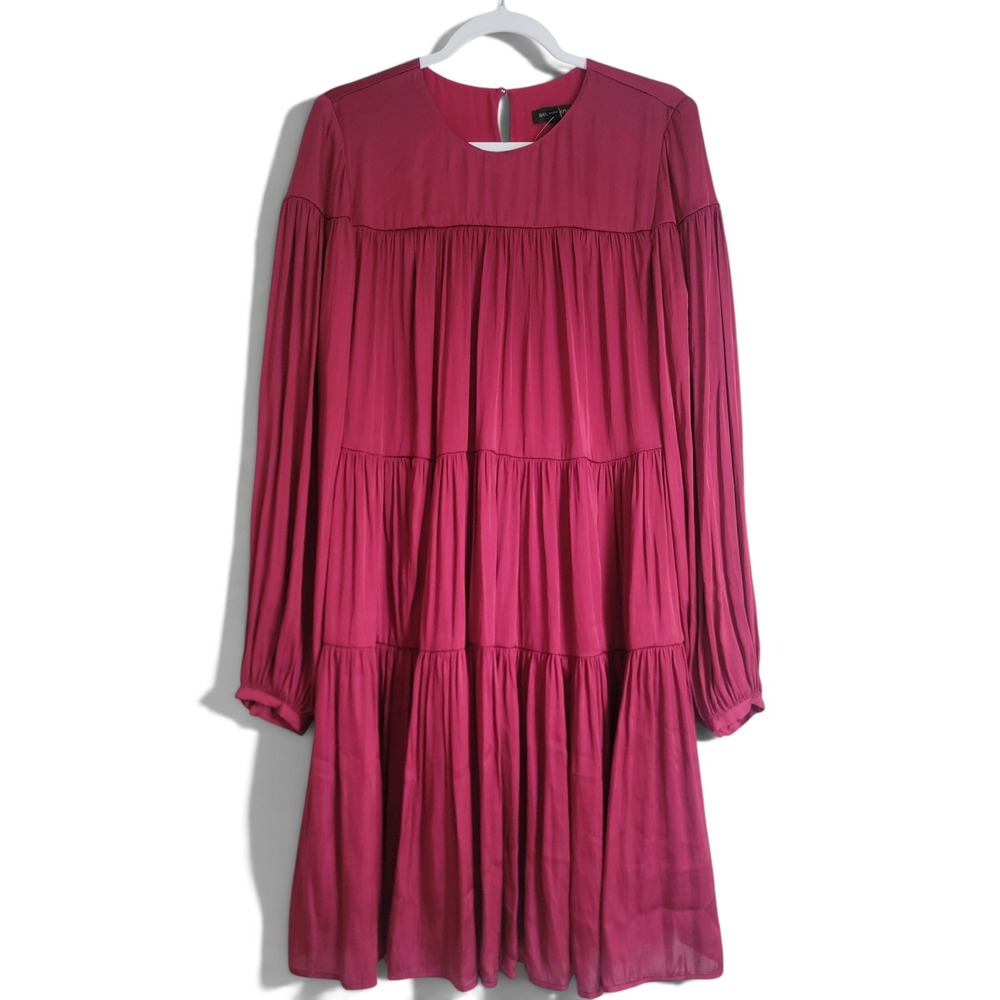 NWT Banana Republic Dark Red Tiered Long Sleeve Tie Neck Mini Dress Tall Medium